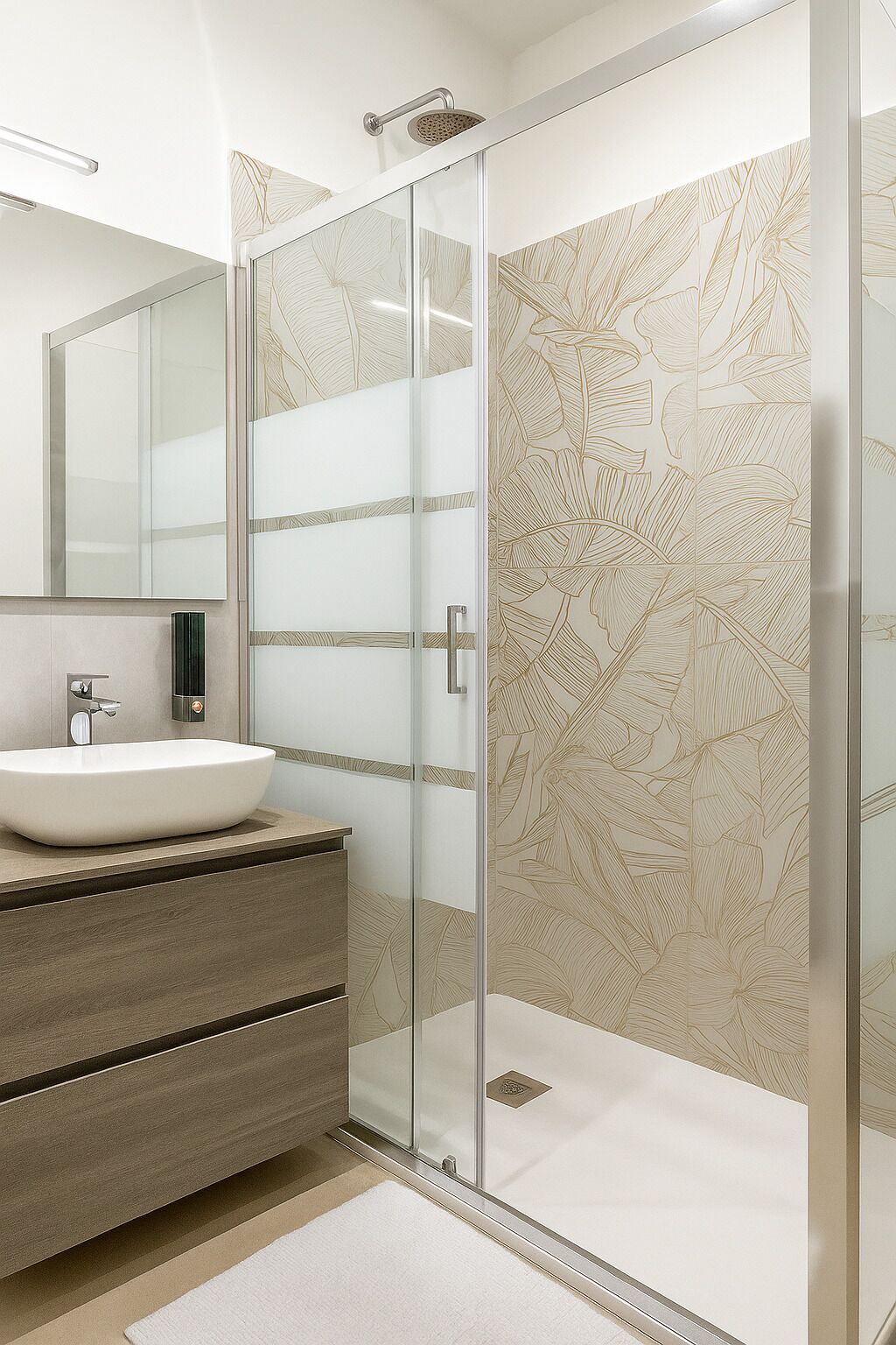 A modern bathroom with a glass shower enclosure, a white sink, and a mirror above the vanity.