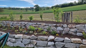 Un jardín con muro de piedra, diversas plantas y una hamaca.