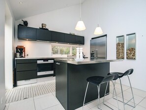 A modern kitchen with black cabinets, stainless steel appliances, a large island, pendant lights, and a window. - 4 Star Holiday Home in Blokhus (Blokhus)