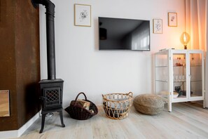 Una sala de estar con un estufa de leña negra, un televisor de pantalla plana, muebles de mimbre y un armario blanco con puertas de cristal.