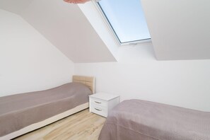A small, simple room with two beds, a nightstand, and a skylight.