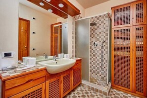 Shower, jetted bath, hair dryer, bidet