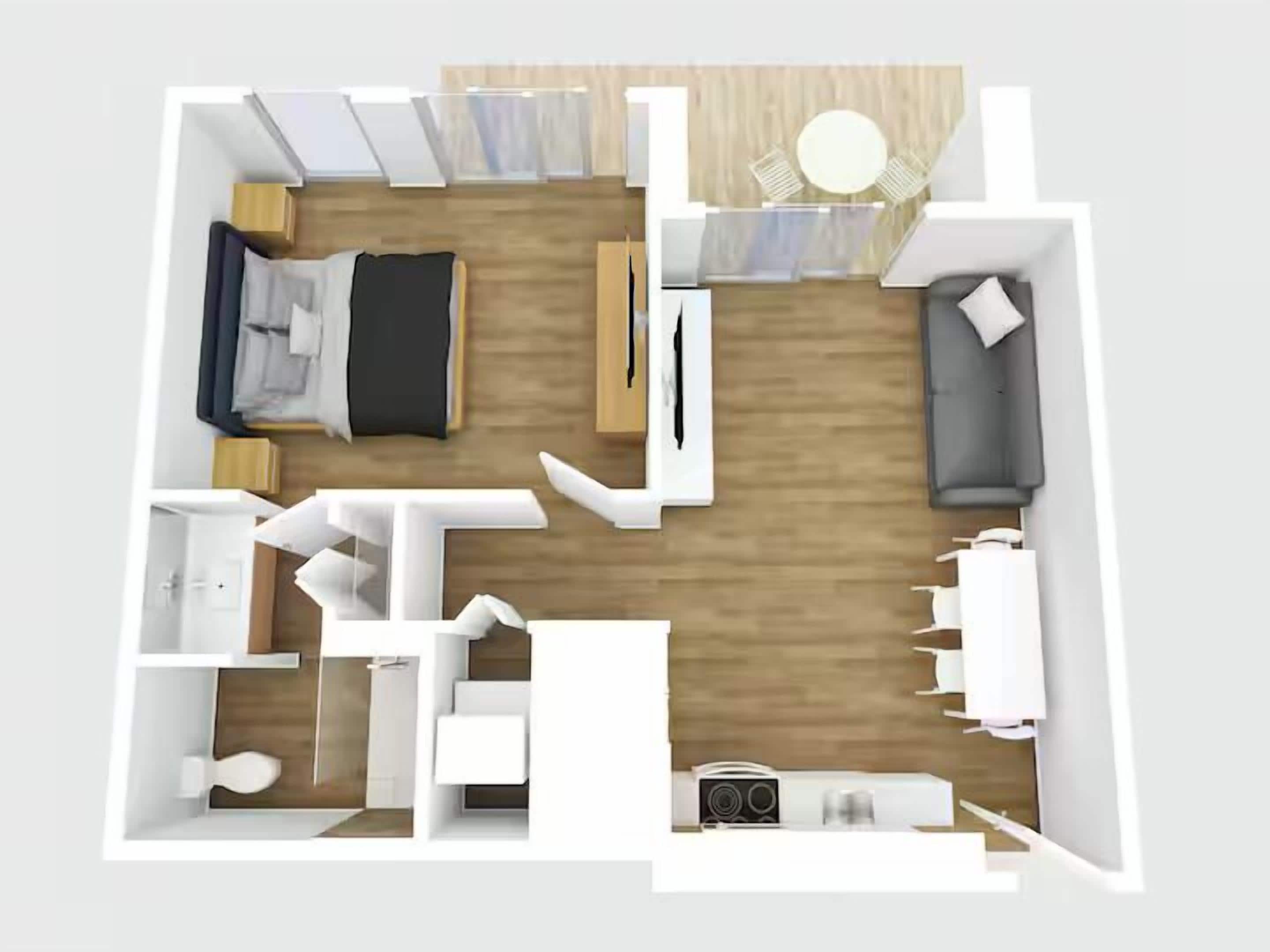 A 2-bedroom apartment layout with a living room, a dining area, a kitchen, and a bathroom.