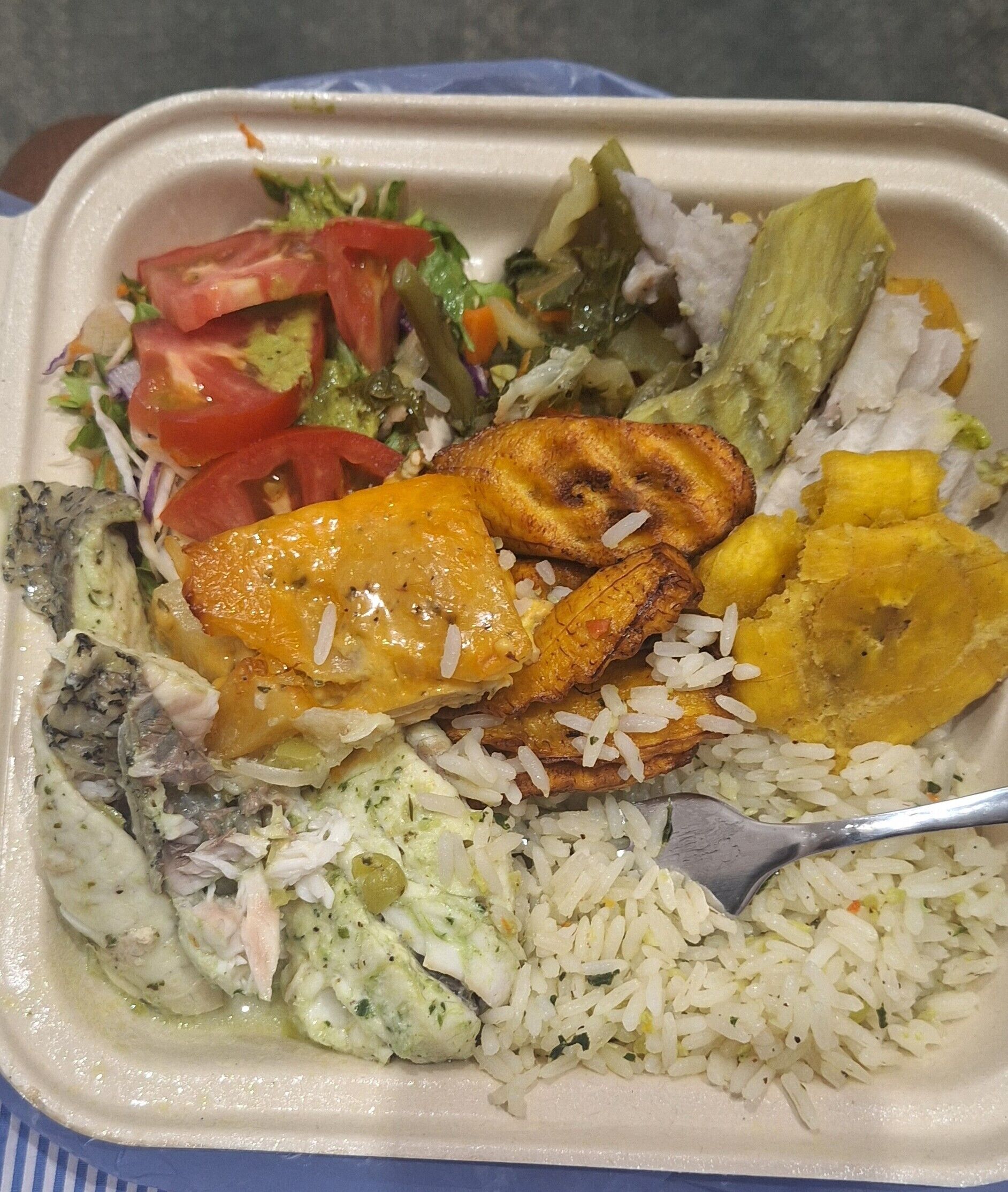 Mad i en takeaway-boks med ris, stegte plantaner, en fiskefilet og en salat.