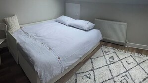 Une chambre avec un grand lit, deux fenêtres de toit, un radiateur et un tapis à motifs.
