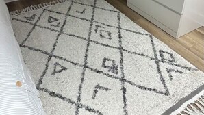 Une chambre avec un puits de lumière, une commode blanche, une télévision, deux petites tables, une plante en pot et un tapis à motifs.