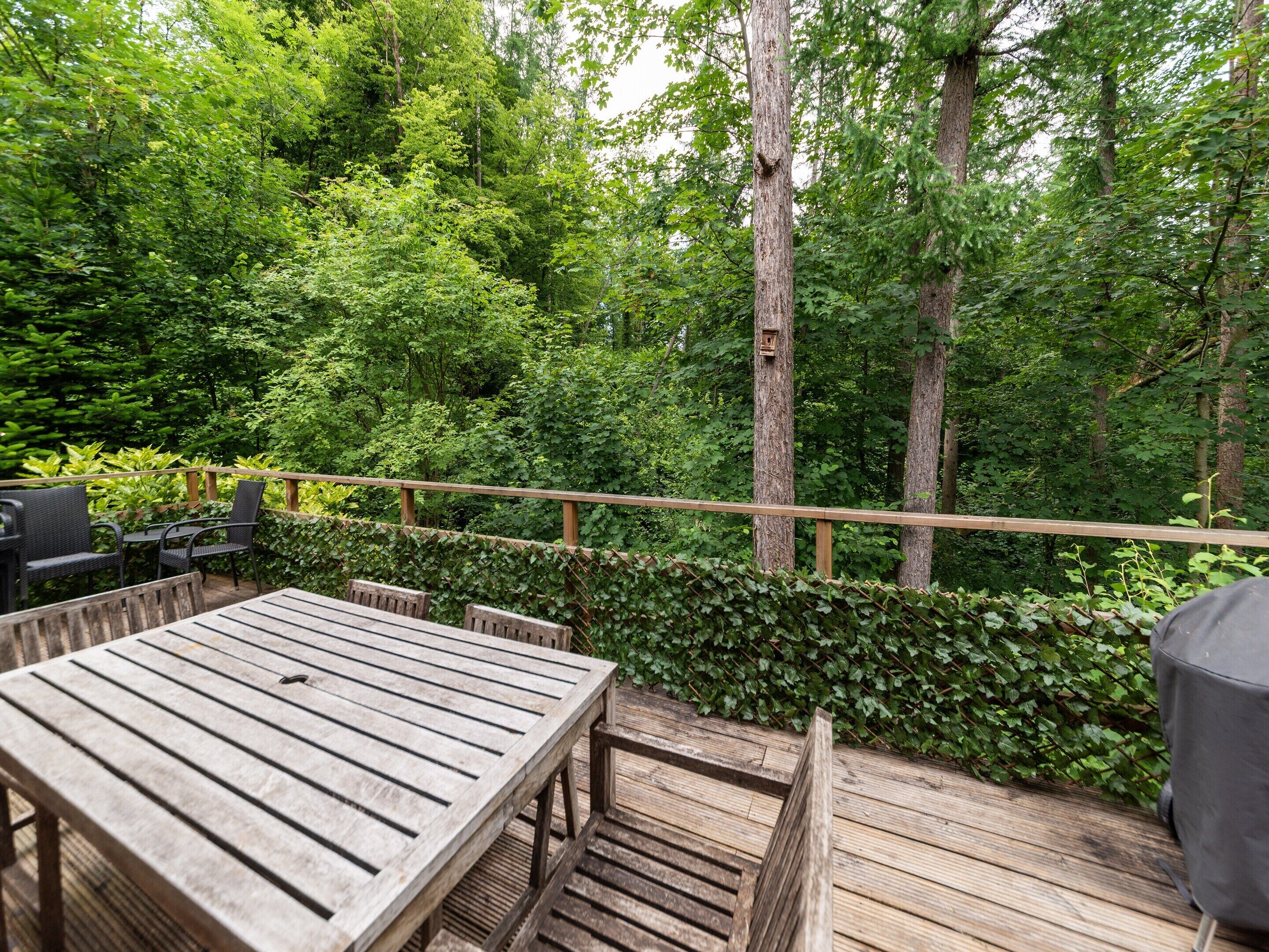 Une terrasse en bois aménagée à l’extérieur, avec une table et des chaises, entourée d’une végétation luxuriante et d’arbres.