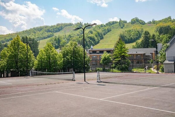 Un campo da tennis all'aperto con una rete, circondato da alberi e un edificio sullo sfondo.