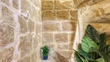 A narrow stone staircase in a historic building with a potted plant on the right.