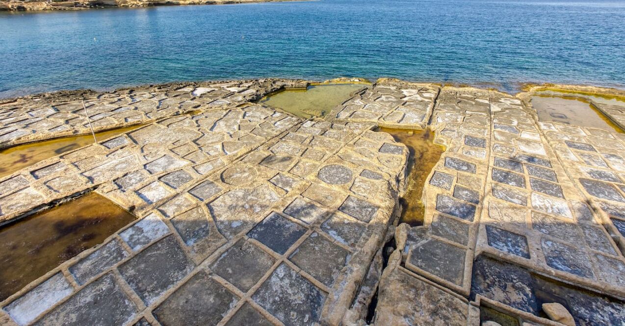 A stone-paved area with a water body in the background.