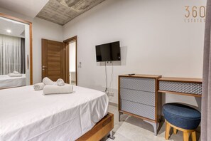 1 bedroom, desk, iron/ironing board, travel cot