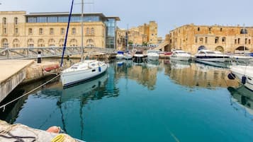 Un port de plaisance avec des bateaux amarrés, un pont et, au loin, des bâtiments historiques.