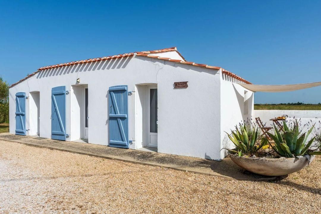 A white building with blue shutters, a gravel driveway, and a large planter with plants.