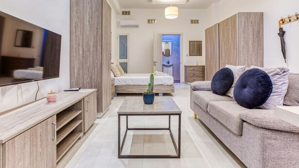 A modern living room with a sofa, a coffee table, a TV, and a small plant. - Lovely Studio Maisonette located in Gzira (Il-Gżira)