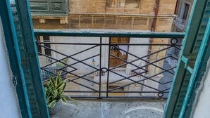 Vista desde un balcón con reja metálica, una planta en maceta y un edificio con ventana y puerta.