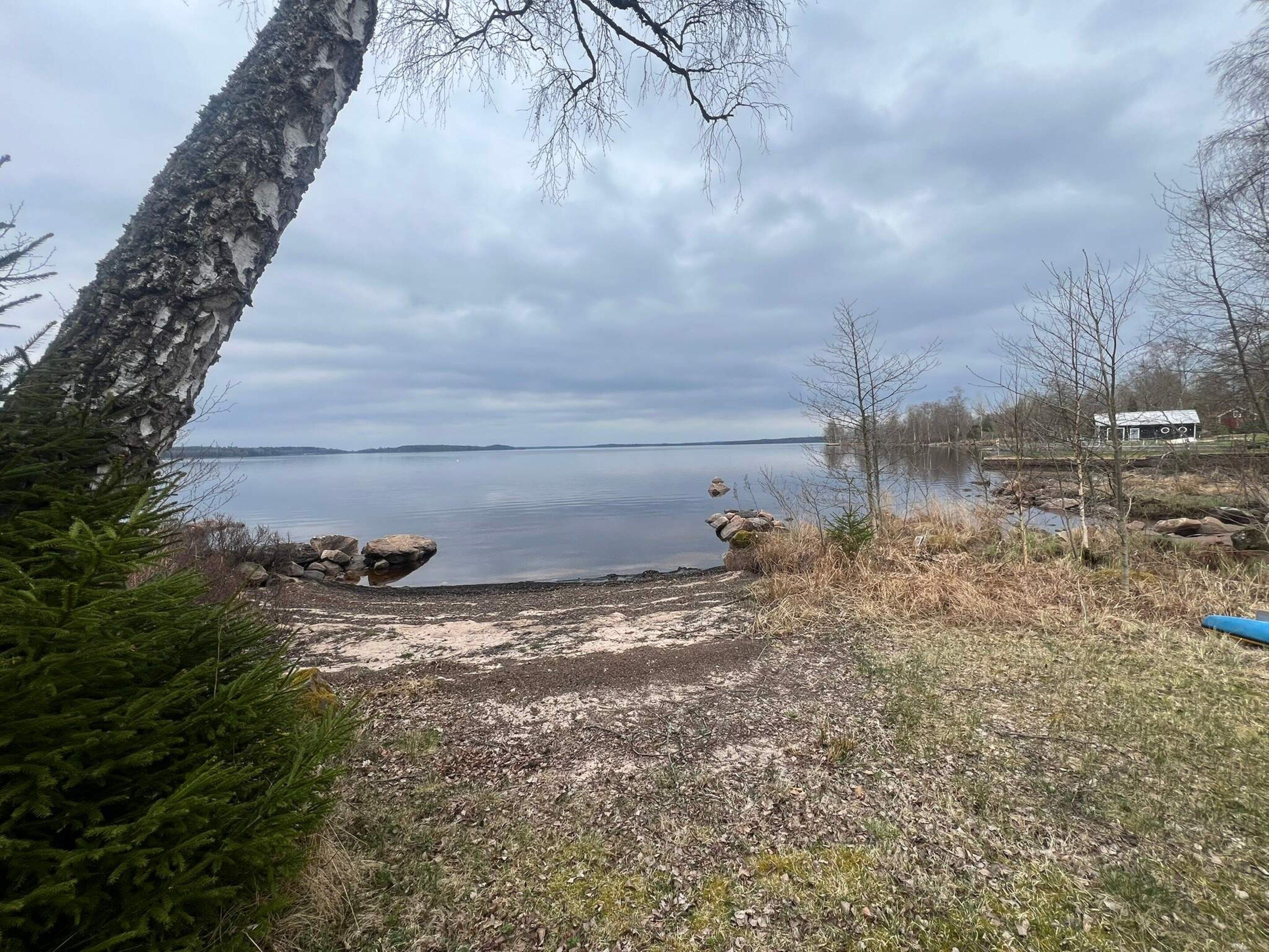 A lakeside view with a dock, trees, and a distant building.