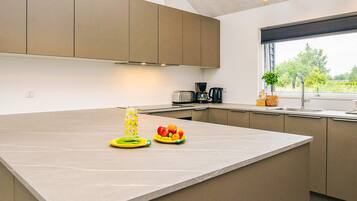 Een moderne keuken met een groot eiland, inbouwapparatuur en uitzicht op groen.