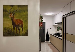 Fridge, microwave, coffee/tea maker, electric kettle