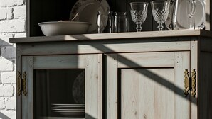 Un buffet en bois doté de portes en verre, contenant de la vaisselle et des verres.