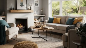 Un salon avec une cheminée, un canapé, une table basse et une grande fenêtre donnant sur un paysage verdoyant.