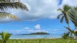 A tropical beach with lush greenery, a clear blue sky, and a distant island. - Coastal Luxury Getaway for Yoga, Golf & Family Fun (Humacao)
