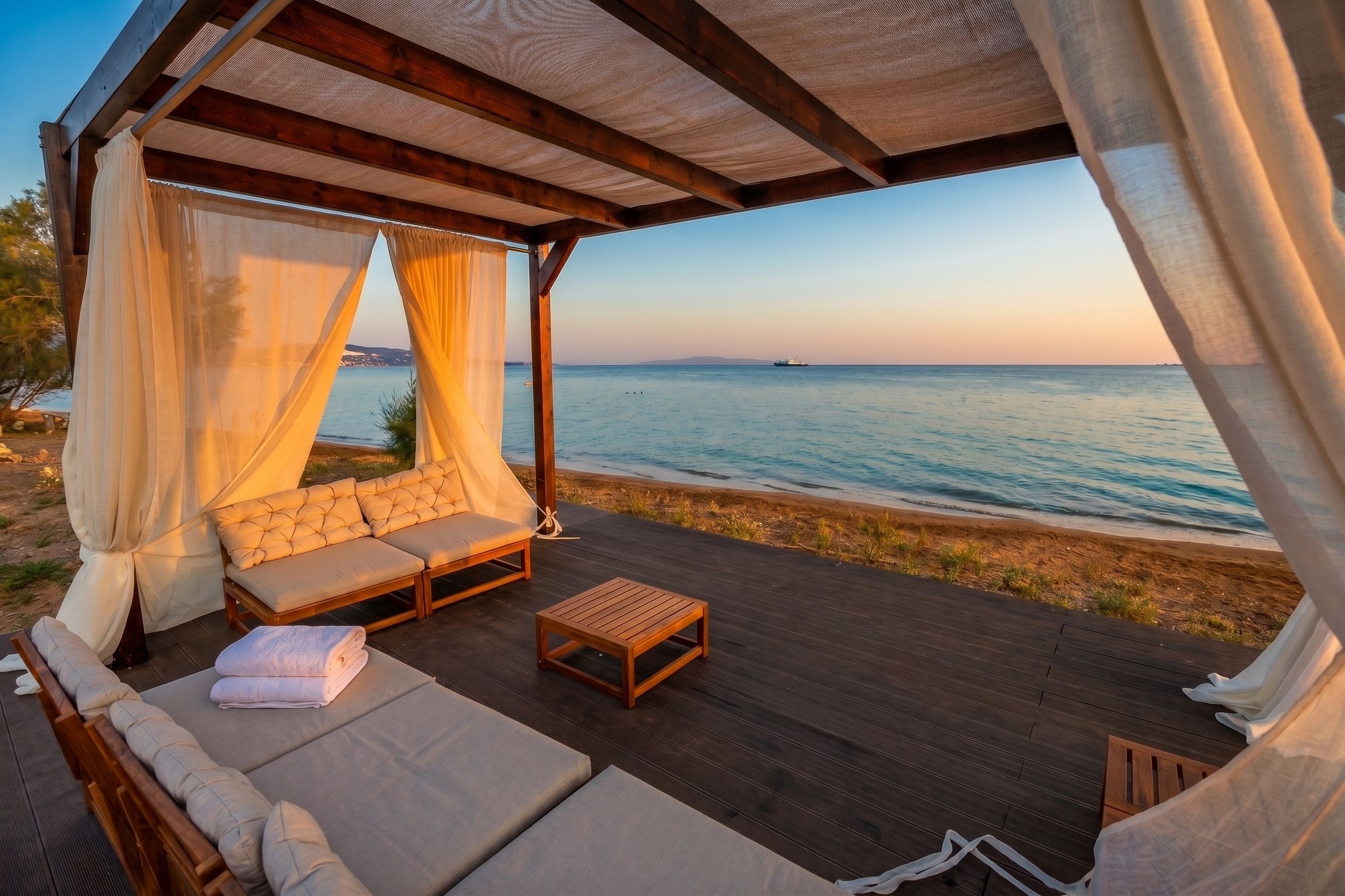 Una terraza de madera con un sofá y una mesa, con vista al mar tranquilo y un barco en la distancia.