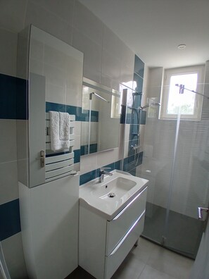 Shower, hair dryer, towels, soap