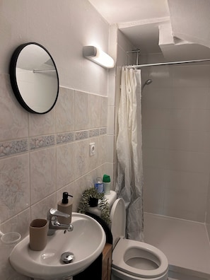 Hair dryer, towels, soap, toilet paper