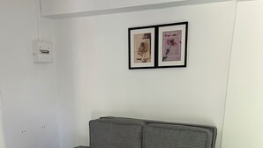 Un canapé gris dans une pièce aux murs blancs, un tapis gris et deux tableaux encadrés accrochés au mur.