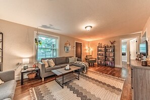 Smart TV, fireplace, books