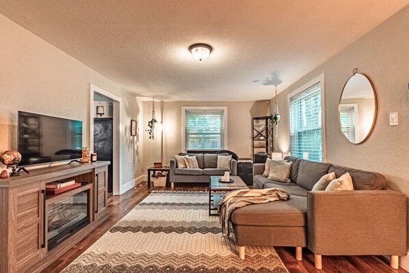 Smart TV, fireplace, books