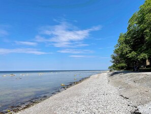 A pebble beach with clear water and a tree-lined path. - 4 Star Holiday Home in Visby (Visby)