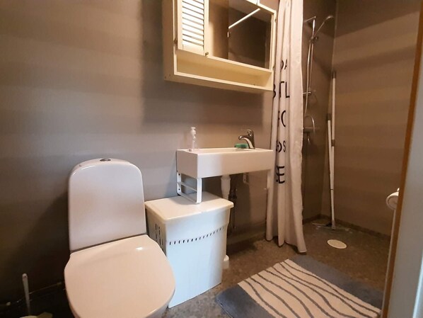 A bathroom with a toilet, a sink, and a shower. - Cozy Apartment With Garden in Saffle (Saffle)