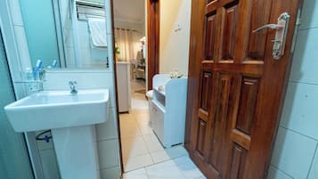 Shower, hair dryer, bidet, towels