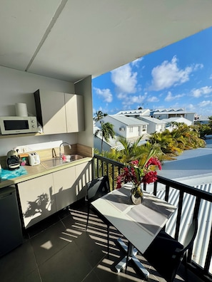 A balcony with a view of neighboring houses, a small kitchen with a microwave, toaster, and sink, and a table with a vase of flowers.