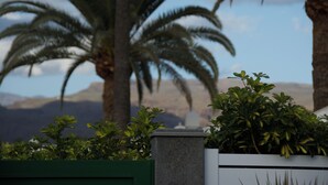 A landscaped area with palm trees and a white wall.