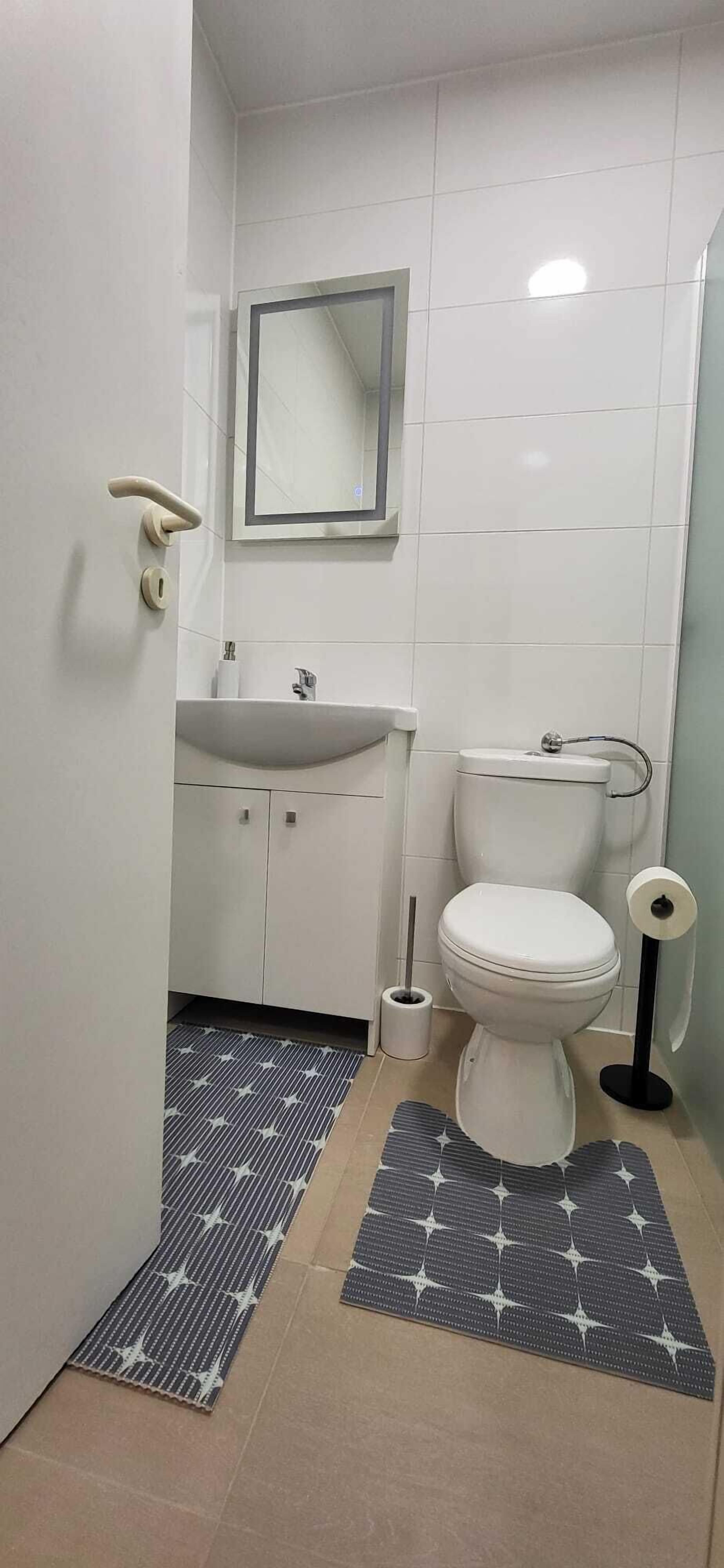 Une salle de bain équipée d’un WC, d’un lavabo, d’un miroir et d’un porte-rouleau de papier toilette.