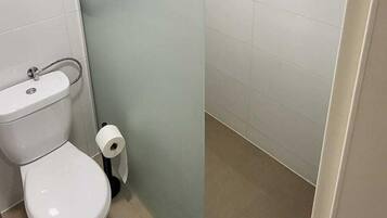 Een moderne badkamer met toilet, bidet en een douchecabine met glazen wanden.