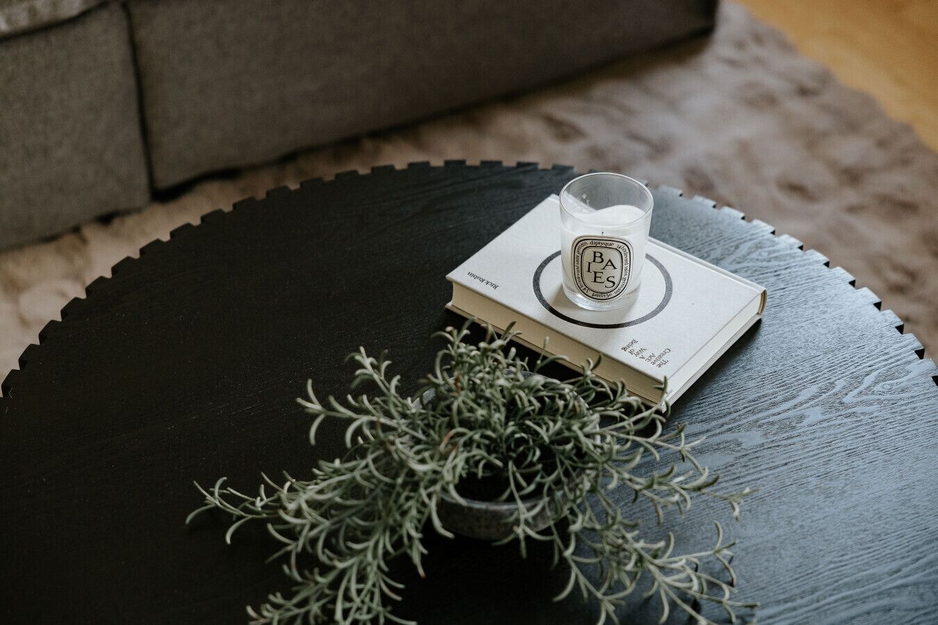 Ein runder, schwarzer Tisch mit einem Buch, einem Glas Milch und einer kleinen Pflanze.