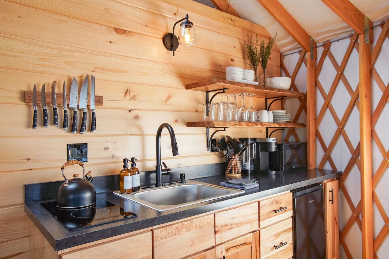 Fridge, microwave, stovetop, coffee/tea maker