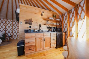 Fridge, microwave, stovetop, coffee/tea maker