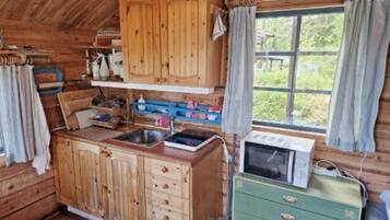 A rustic wooden cabin interior with a kitchenette, wooden cabinets, a green dresser, and a window with curtains.
