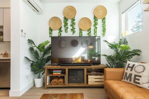 TV connectée, cheminée, livres