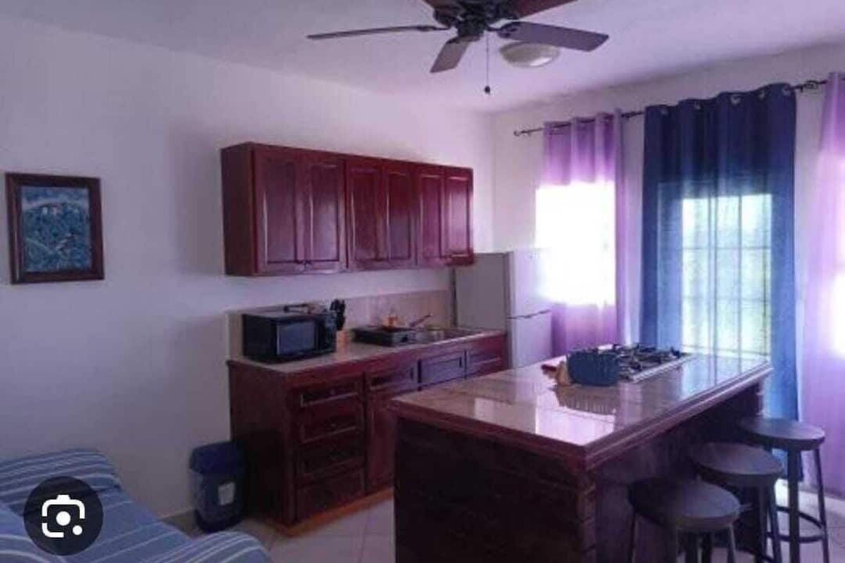Une cuisine compacte dotée d’un îlot central, de meubles de couleur sombre en bois et d’un ventilateur de plafond.