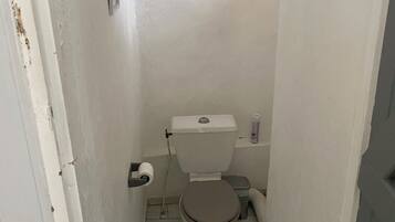A small, narrow bathroom with a toilet, a roll of toilet paper, and a trash bin.