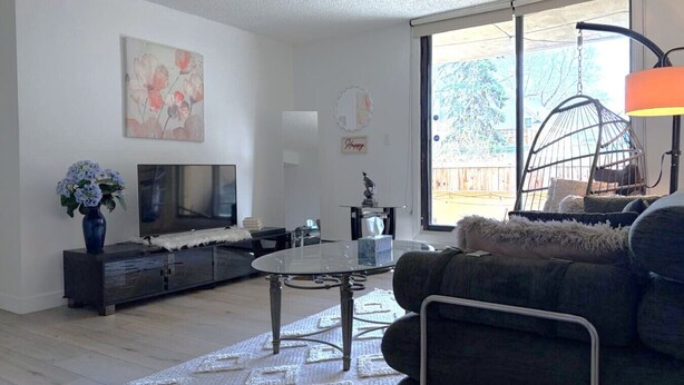 Un salon moderne avec un téléviseur, un canapé, une table basse et une grande fenêtre.
