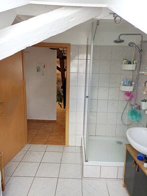 Hair dryer, towels, soap, toilet paper