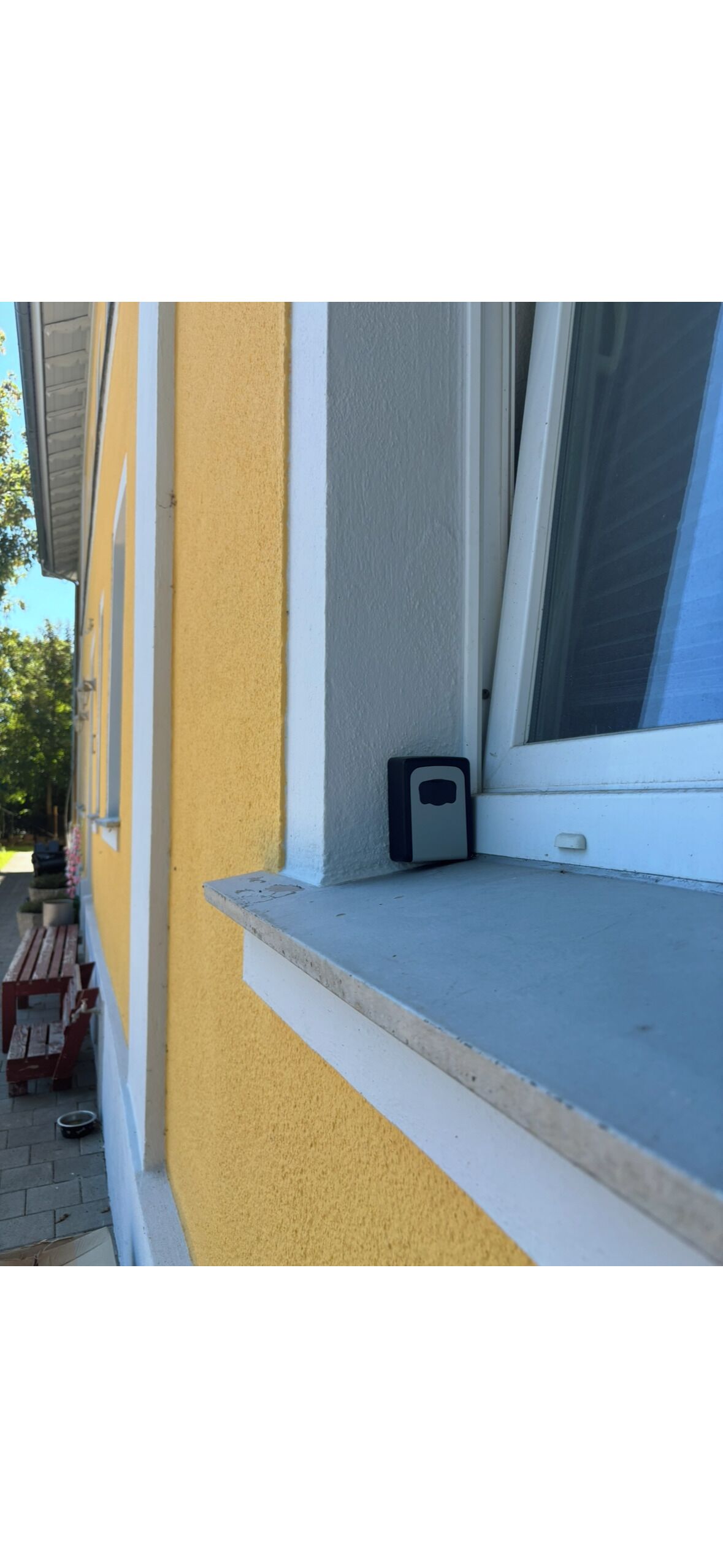 A yellow building with a window and a small black object on the ledge.