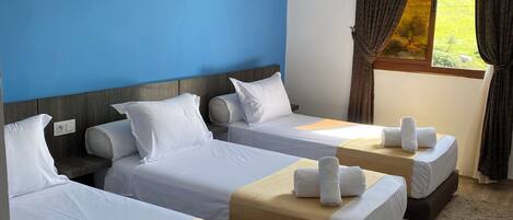 Hair dryer, towels, soap, shampoo