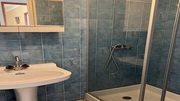 Een douche, een haardroger, een bidet, handdoeken